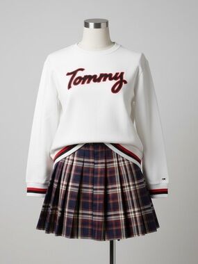 Tommy Hilfiger Outfit Set- Logo Sweatshirt Plaid Pleated Skirt Preppy Chic SMALL